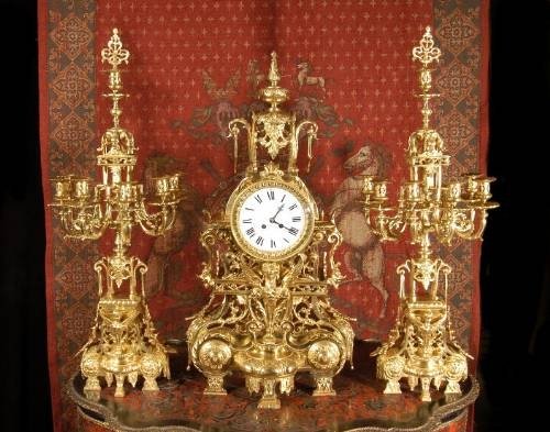 fig 1. *****SOLD****** Japy Freres Antique Gilt Brass Clock Set - Massive!